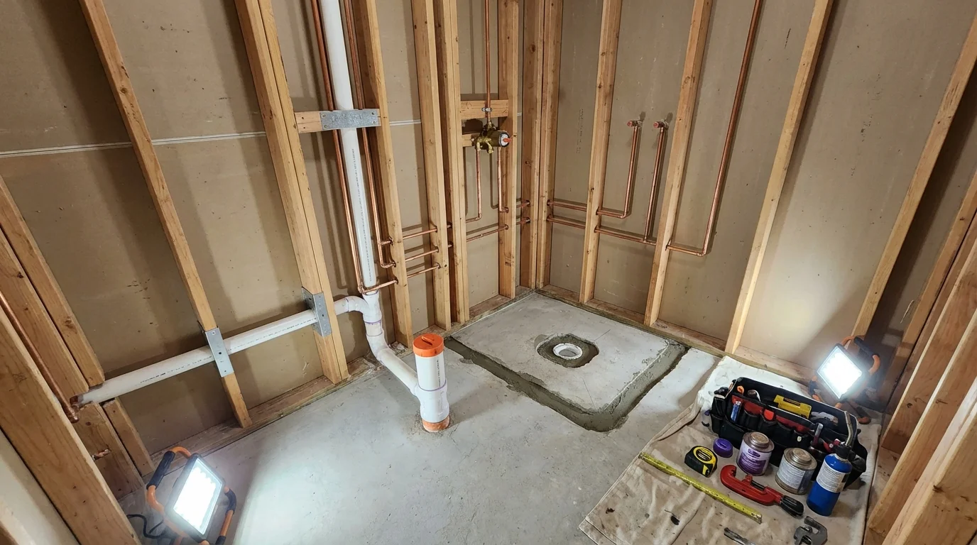 Bathroom rough-in plumbing during remodel by Johns Plumbing LLC in Bellows Falls
