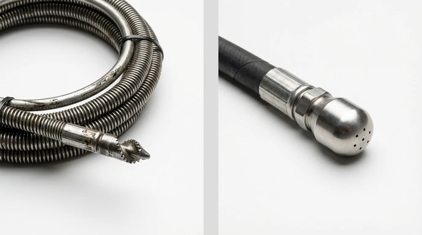 Drain snake cable and hydro jetting nozzle used for drain cleaning in Bellows Falls, VT