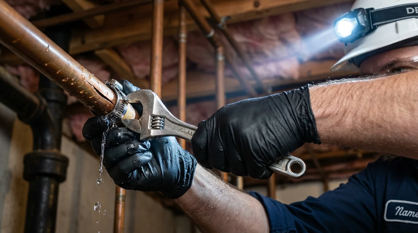 Emergency pipe clamp repair being performed by a Johns Plumbing LLC plumber in Bellows Falls