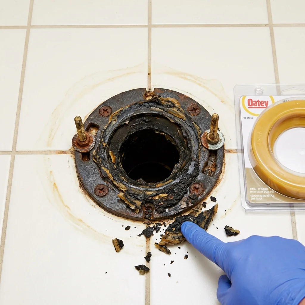 Failed wax ring showing water seepage at the base of a toilet in a Bellows Falls, VT home