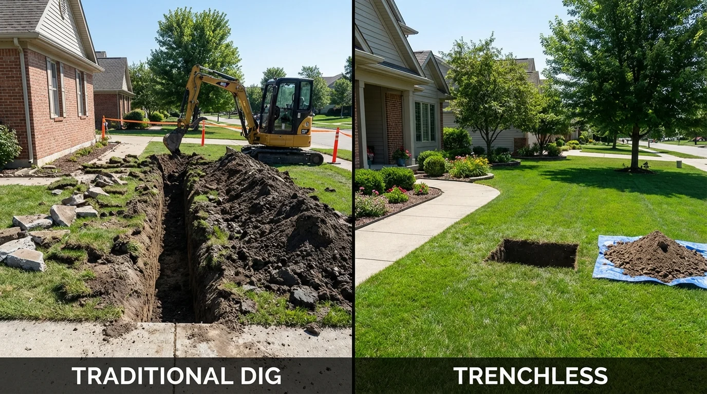 Trenchless sewer repair with minimal yard damage versus traditional excavation in Bellows Falls, VT